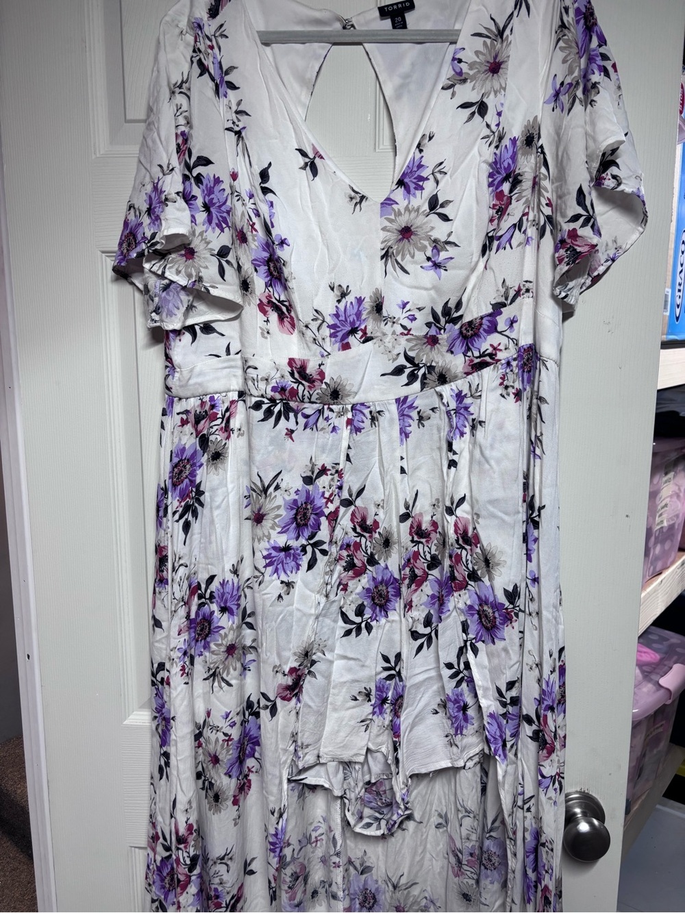 torrid White Floral High-Low Wrap Dress with Purple Blooms